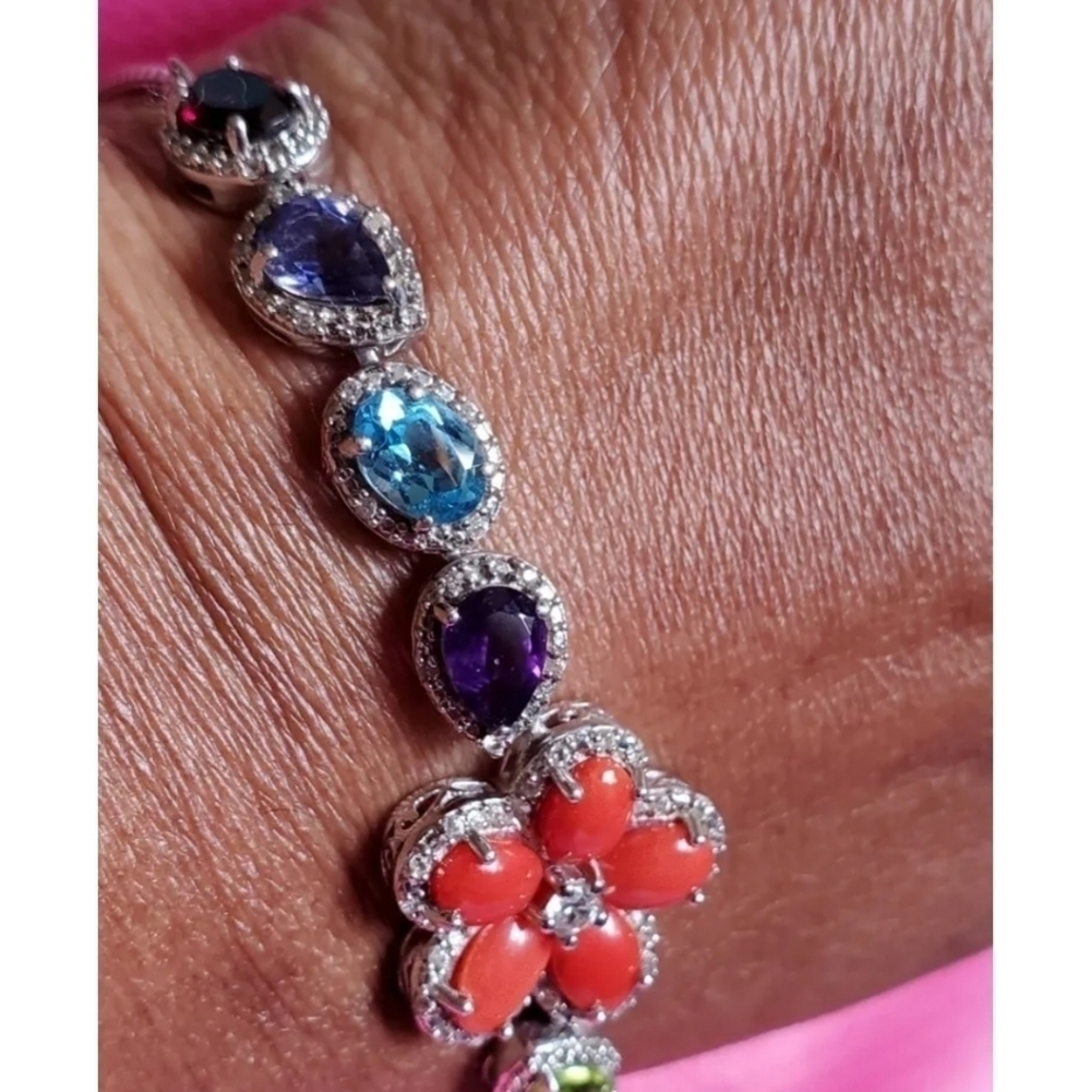 Mediterranean Coral Multigemstone Sterling Silver Bracelet - Picture 6 of 6